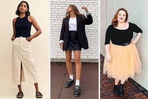 model in denim midi skirt; reviewer in mini skirt; model in tutu skirt