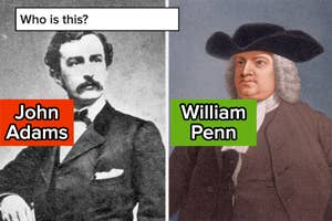 Side-by-side portraits labeled "John Adams" and "William Penn" with "Who is this?" query above