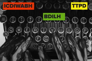 Hands typing on a vintage keyboard with random letters in colorful blocks above