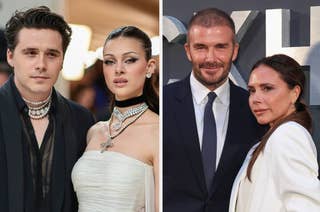 Two separate images: Left, a man in a suit with pearl necklaces; right, David Beckham and Victoria Beckham in formal wear