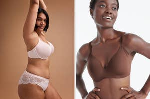 Two models pose in minimalist, neutral-toned lingerie suitable for a variety of skin tones, marketed for comfort and inclusivity