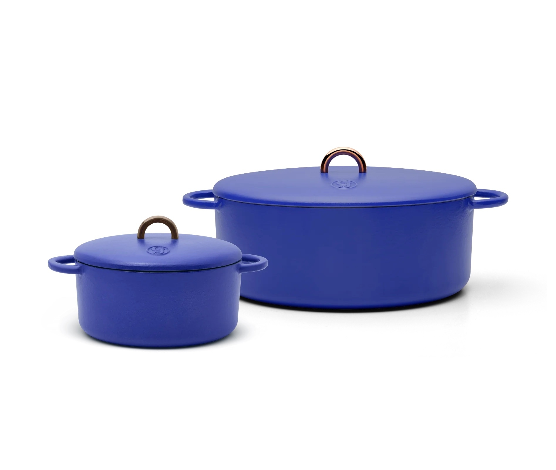 Two blue enamel-coated cast iron cookware pieces with lids