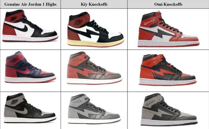 Comparison of genuine Air Jordan 1 Highs with Kiy and Omni knockoff sneakers