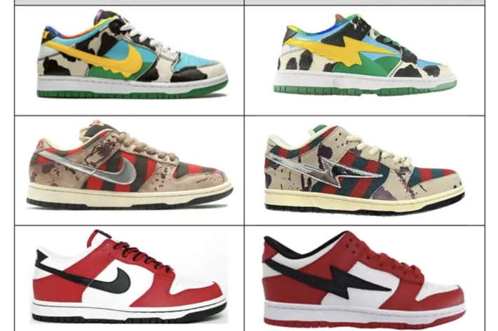 Collage comparing authentic Dunks sneakers with knockoffs, showing four different designs