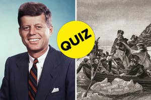 Two images side by side; left: John F. Kennedy in a suit, right: historical illustration labeled "QUIZ"