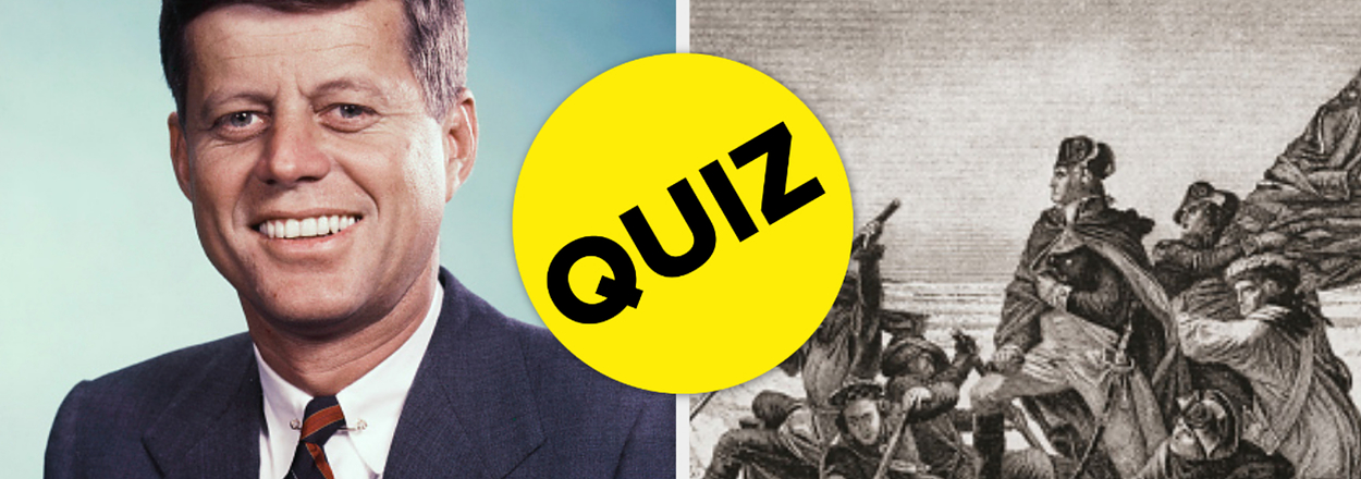 Two images side by side; left: John F. Kennedy in a suit, right: historical illustration labeled "QUIZ"