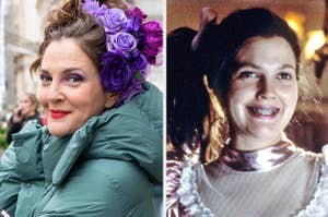 Split image of an actress with purple floral headpiece, and a film character in a historical costume smiling