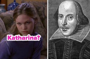 Side-by-side images of a perplexed young woman and an engraving of William Shakespeare. Text on image asks "Katharina?"