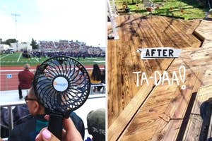 Handheld fan in use at a crowded outdoor event; wooden deck with "AFTER TA-DA!" sign, indicating a renovation