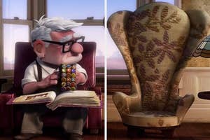 Carl from Up sitting with photo album, next image of his empty chair