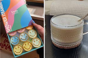 Shower steamer package with smiley faces next to a textured mug of frothy beverage on a coaster