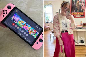 Person holding a game console; another wearing a cardigan, skirt, and glasses, taking a mirror selfie