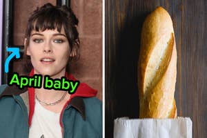 On the left, Kriste Stewart with an arrow pointing to her and April baby typed under her chin, and on the right, a baguette coming out of a paper bag