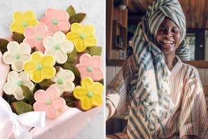 A bouquet of cookie flowers wrapped with a bow on the left; a joyful person in striped attire on the right