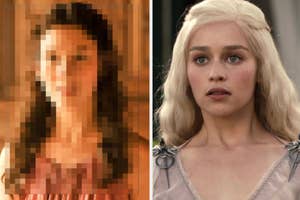 Left: Blurred painting of a woman. Right: Daenerys Targaryen from Game of Thrones in a gown
