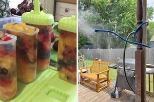 Fruit cups with lids on a tray beside a backyard with a water sprinkler and barbecue setup