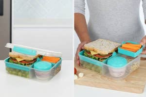Lunch container with compartments for sandwiches and snacks, alongside a person preparing a sandwich