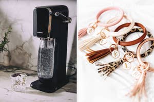 A split image featuring a sparkling water maker on the left and an assortment of personalized leather keychains on the right