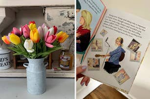 Photo 1: A bouquet of tulips in a rustic pitcher on a shelf with items. Photo 2: An open book with illustrated children's story about taylor swift