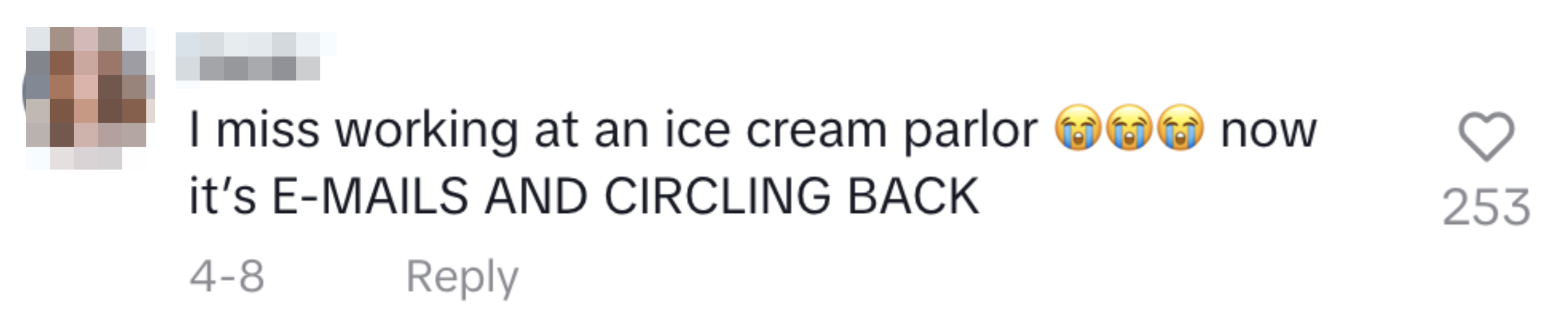 User expresses missing work at an ice cream parlor, contrasts it humorously with current office work
