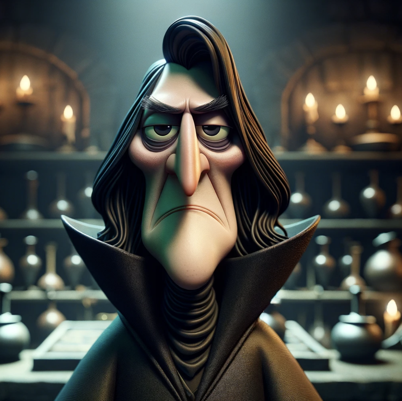 Animated character Severus Snape from &quot;Harry Potter&quot; series depicted in a stylized 3D illustration, standing in the Potions classroom