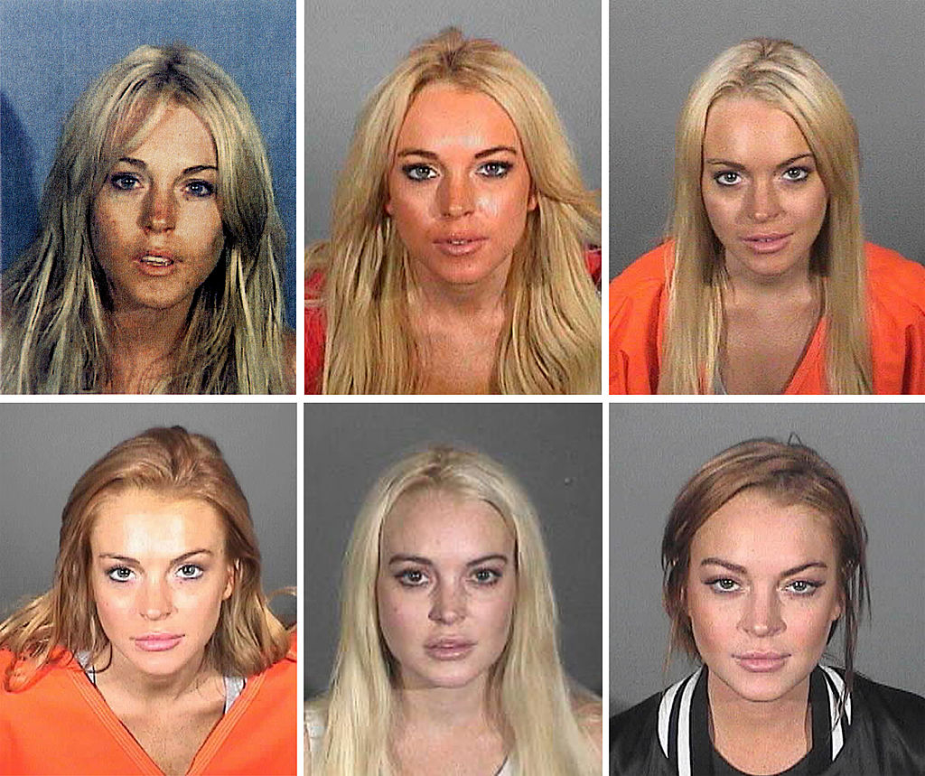 Six different mugshots of actress Lindsay Lohan over time. She has varying hairstyles