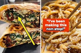 A close-up of a stuffed wrap cut in half, paired with a dish of noodles sprinkled with seeds and a caption