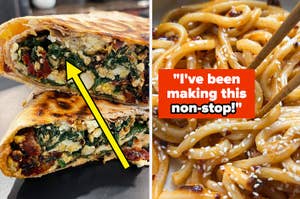 A close-up of a stuffed wrap cut in half, paired with a dish of noodles sprinkled with seeds and a caption