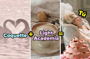 Imagen de un collage con tres fotos: un corazón con espuma en el café, una flor seca y una mujer recostada, con texto "Coquette + Light Academia = Tú"