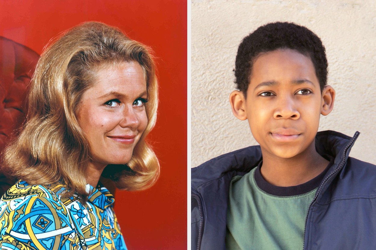 Split image: left, a woman with a patterned blouse; right, a boy in a jacket over a tee