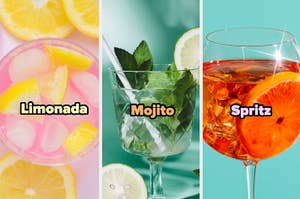 Tres bebidas diferentes, Limonada, Mojito y Spritz, en vasos sobre fondos de colores