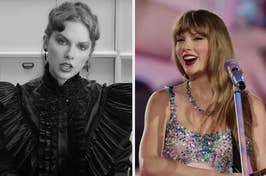Two side-by-side photos of Taylor Swift, left in a ruffled outfit and right singing into a microphone with a sparkly top