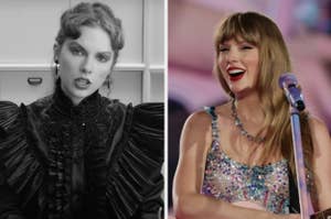 Two side-by-side photos of Taylor Swift, left in a ruffled outfit and right singing into a microphone with a sparkly top