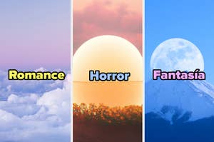 Tres paneles temáticos: Romance con nubes, Horror con bosque oscurecido y Fantasía con luna sobre montaña