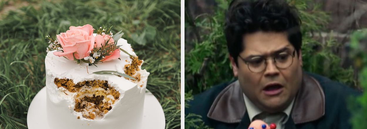 Carrot cake with a slice removed on the left. On the right, a character from the show "Stranger Things" looks surprised