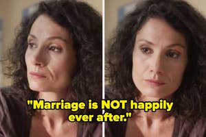 Close-up of a woman with curly hair, expressive eyes, and a quote about marriage not being happily ever after