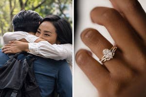 On the left, Greta Lee hugging Teo Yoo as Nora and Hae in Past Lives, and on the right, someone wearing a diamond engagement ring
