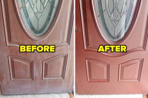 Side-by-side comparison of a door before and after cleaning, showcasing improved appearance