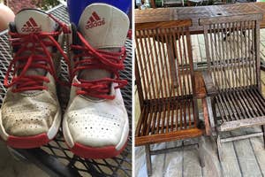 Pair of Adidas sneakers on the left, and a wooden chair with a metal frame on the right