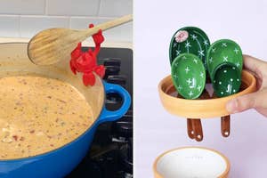 reviewer's pot of soup with red crab-shaped spoon holder on pot ledge and hand holding cactus measuring spoons in planter cup lid