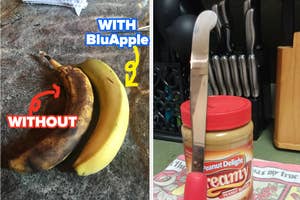reviewer's banana comparison with one ripe and one overripe side by side; and reviewer's peanut butter knife in front of jar of creamy peanut butter