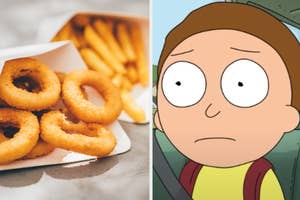 Morty from "Rick and Morty" appears worried, alongside an image of onion rings and fries in takeout boxes