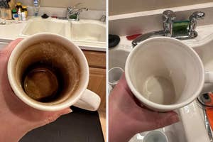 Before and after photos of a coffee-stained mug cleaned to its original state