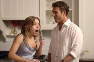 Sydney Sweeney and Glen Powell in a kitchen as Bea and Ben in Anyone but You