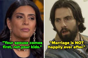 Two side-by-side images of celebrities with quotes on marriage: left image features a woman, right image shows a man with a beard