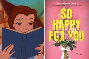 Animated character Belle from "Beauty and the Beast" reading a book; book cover with text "SO HAPPY FOR YOU" and floral graphics