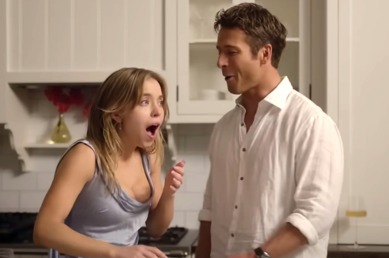 Sydney Sweeney and Glen Powell in a kitchen as Bea and Ben in Anyone but You