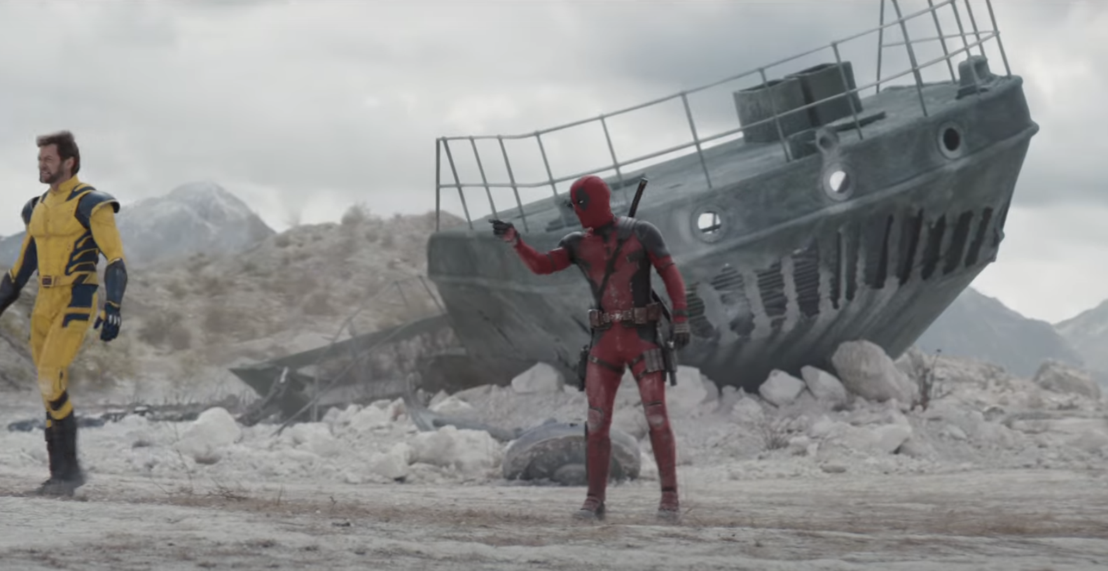 Deadpool and Wolverine with eached ship in the background