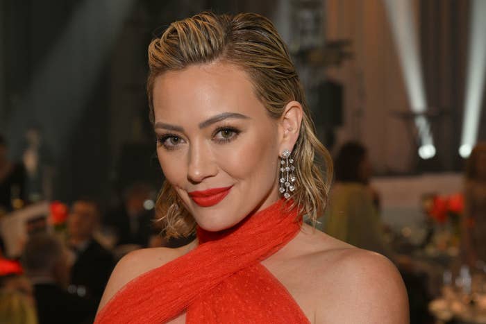 A closeup of Hilary Duff at a media event