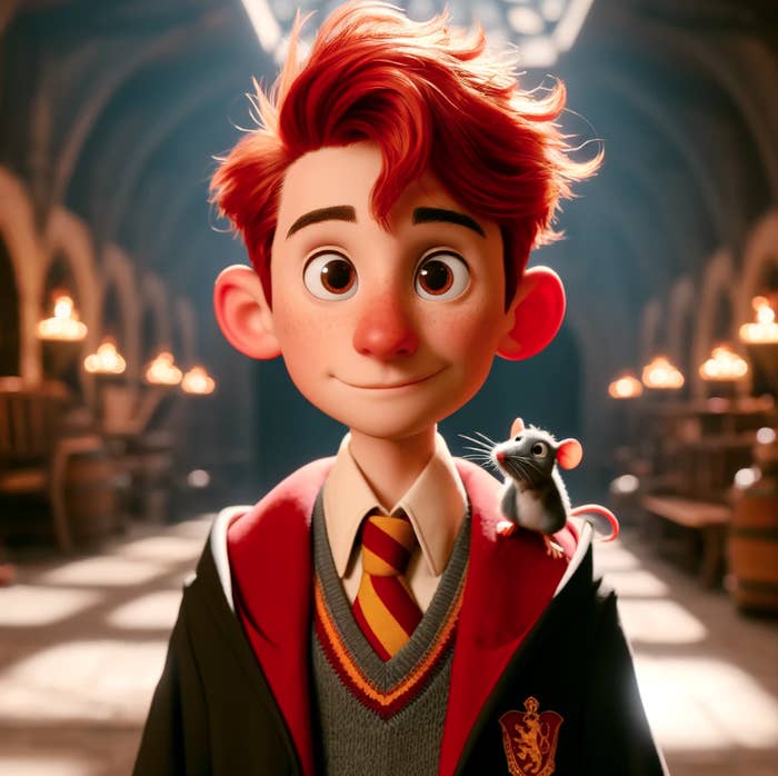 Animated character with a mouse on his shoulder, wearing a school uniform with a crest
